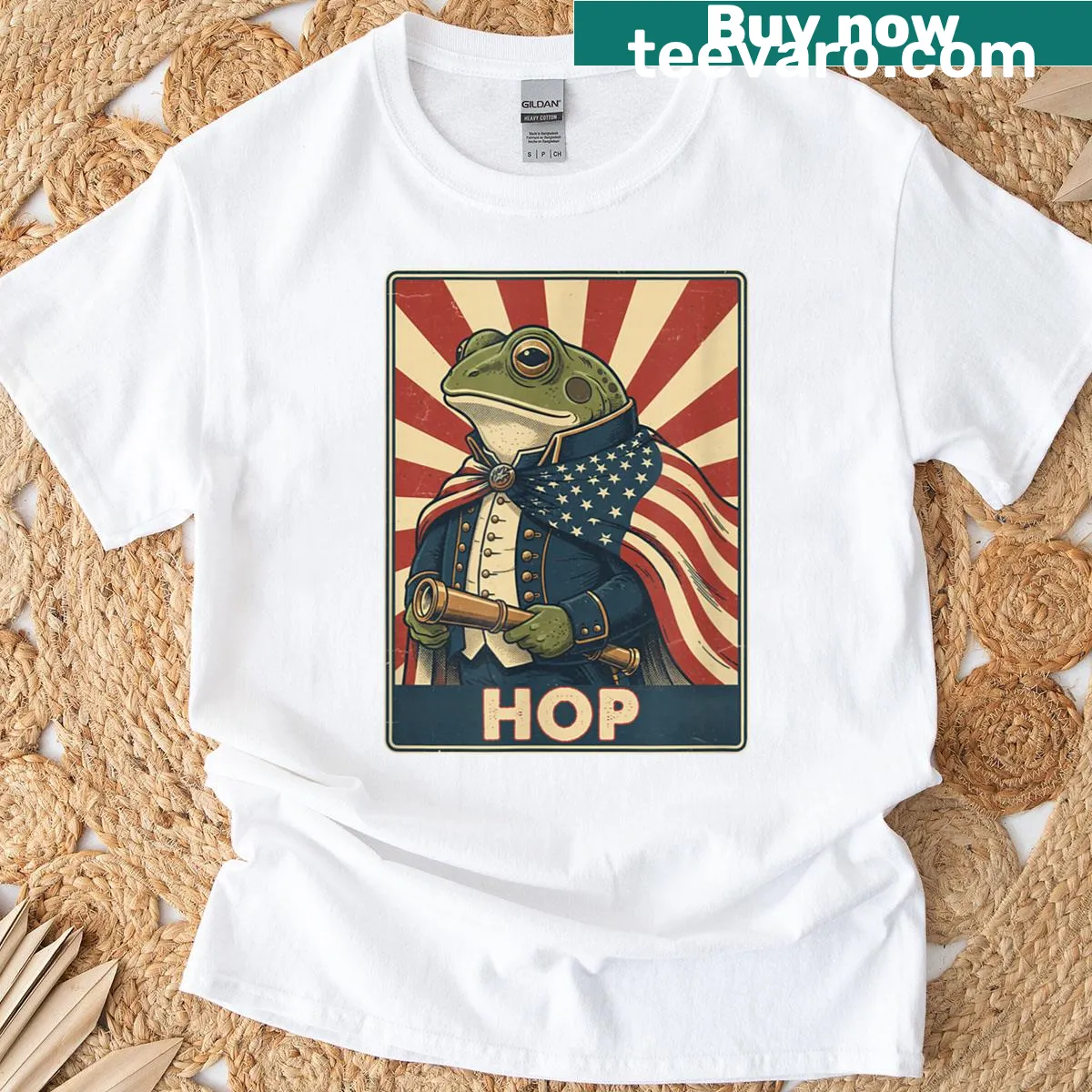 Vintage American flag T-shirt featuring a playful frog hop design — on a men's t-shirt
