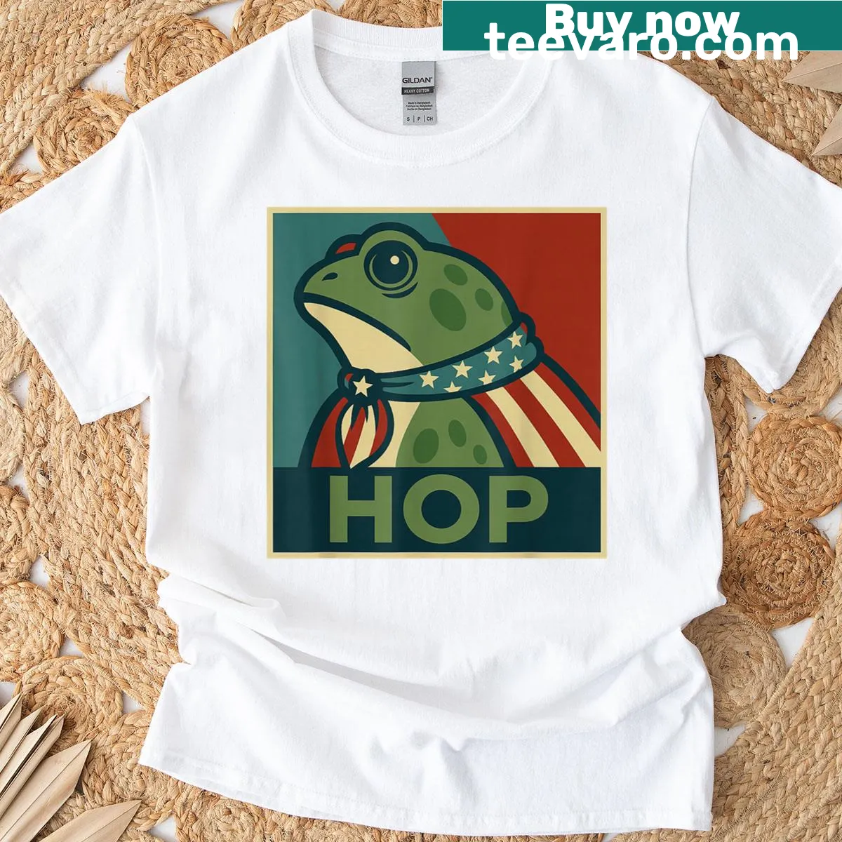 Cartoon frog hopping graphic T-shirt — on a men's t-shirt