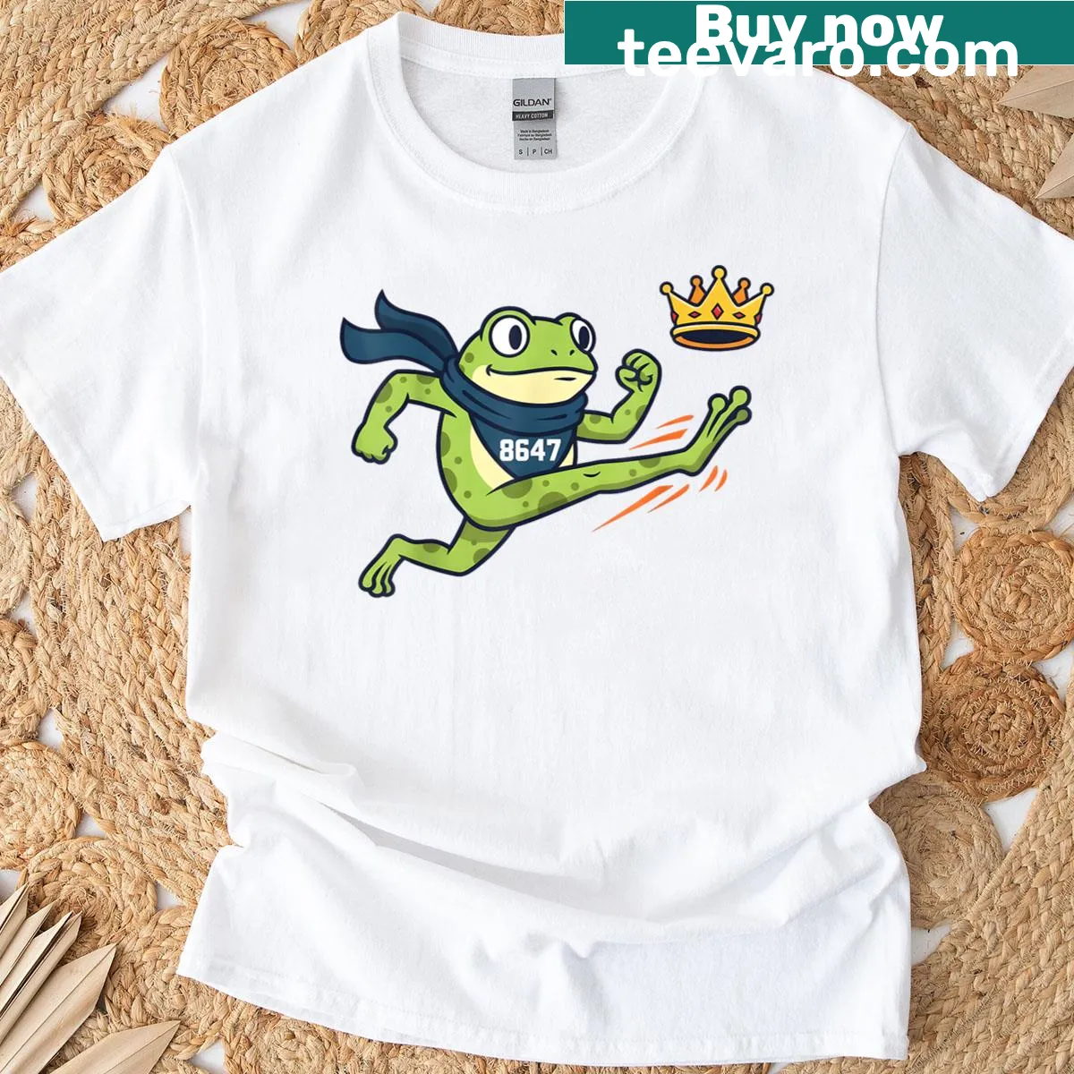 Graphic of a frog with 'No Kings' phrase on T-shirt — on a men's t-shirt