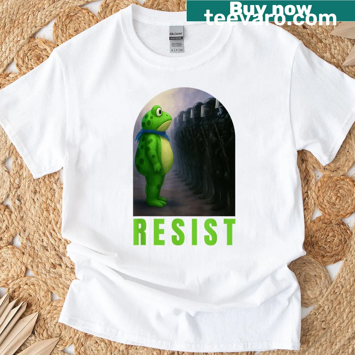 Funny political satire design with frogs on an activism T-shirt. — on a men's t-shirt