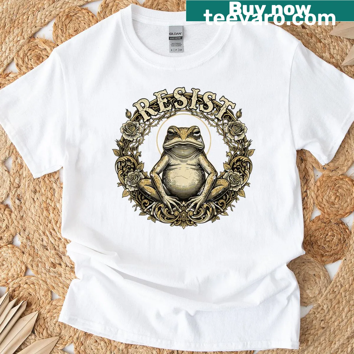 Funny T-shirt featuring a whimsical protest frog design — on a men's t-shirt