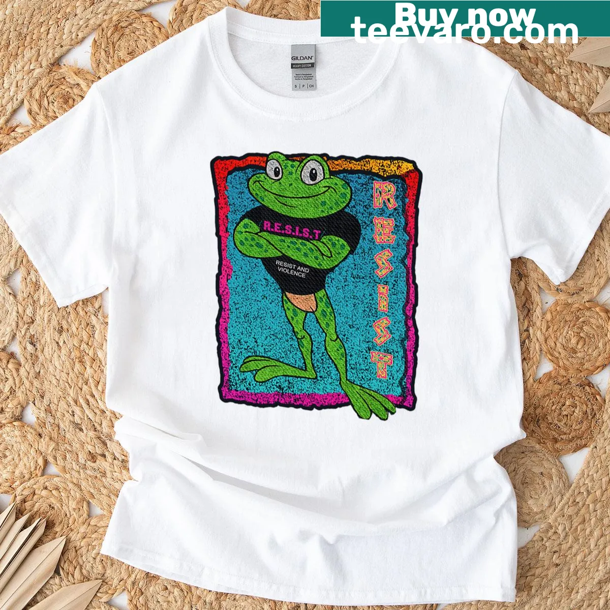 Bold frog illustration on anti-fascism protest t-shirt — on a men's t-shirt