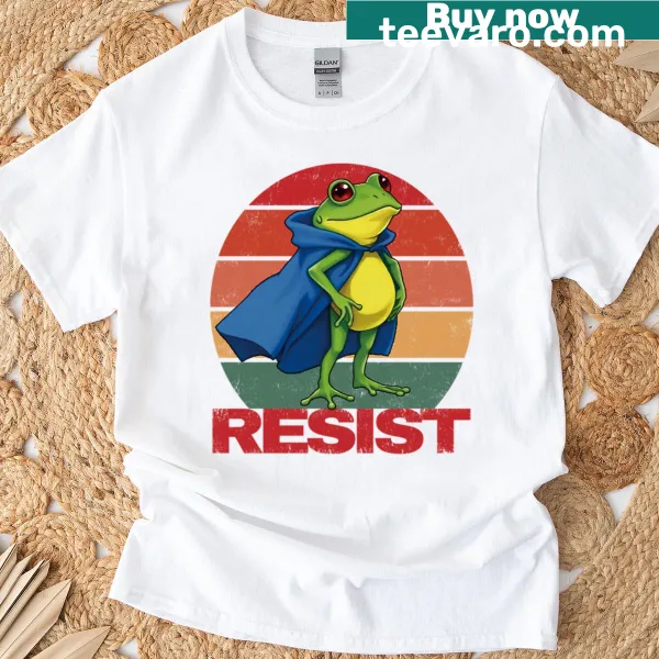 Humorous frog design promoting resistance on t-shirt