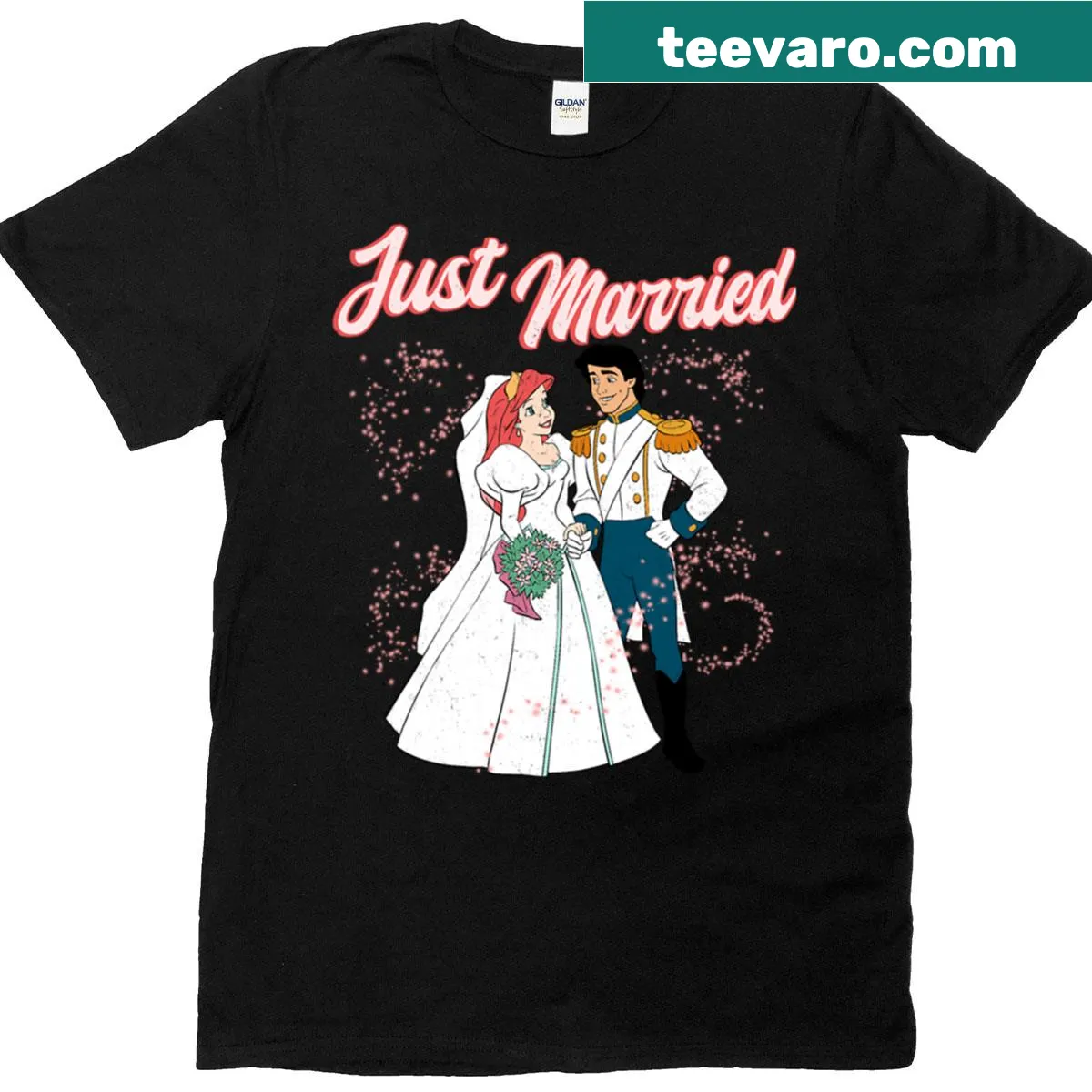 Wedding-themed t-shirt featuring Princess Ariel and Prince Eric. — on a men's t-shirt