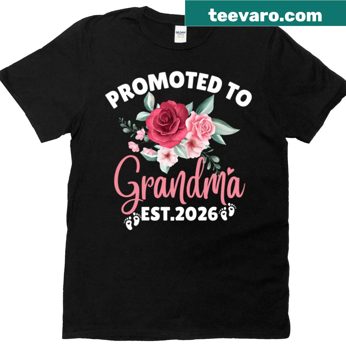 Floral graphic T-shirt announcing 'Promoted to Grandma Est 2026'. — on a men's t-shirt