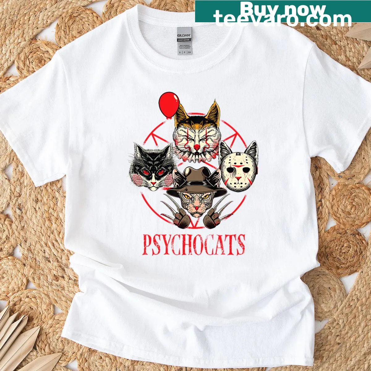 Gothic slasher cat lover t-shirt with Halloween horror movie theme — on a men's t-shirt