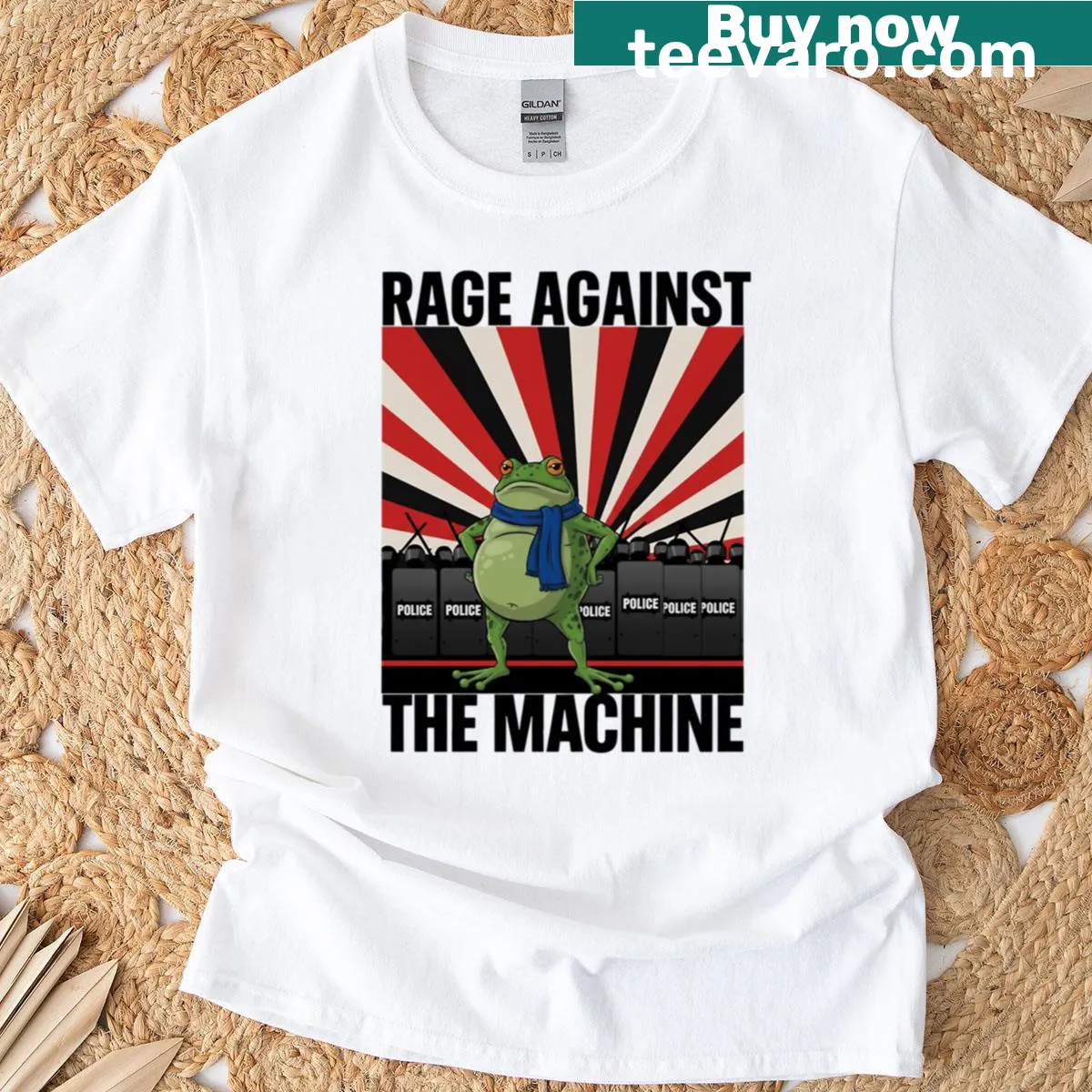Protest-themed T-shirt with a frog graphic — on a men's t-shirt