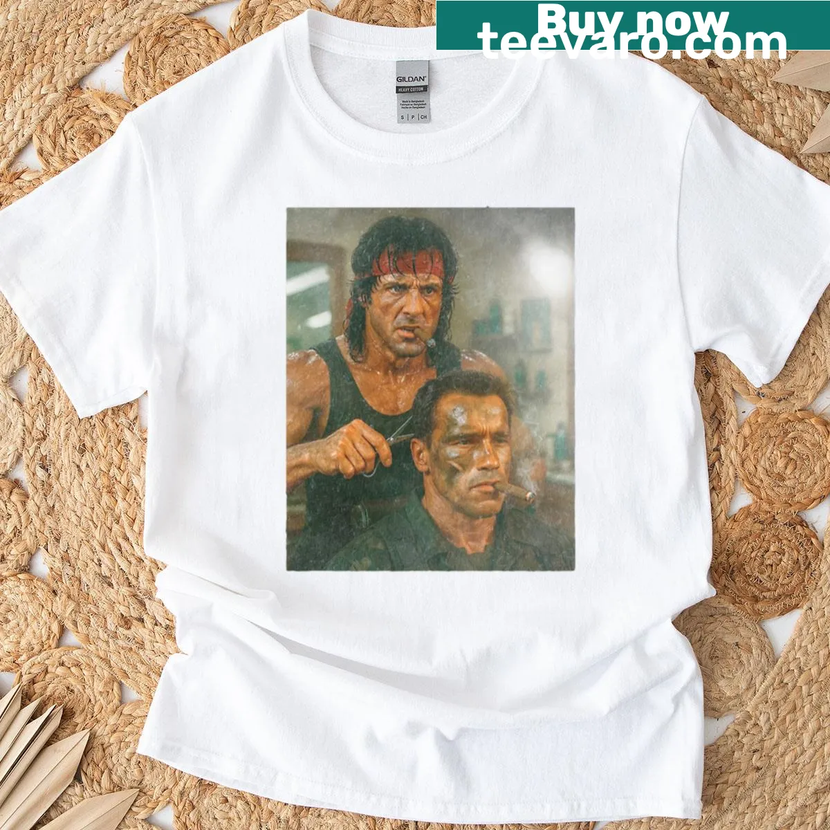 Vintage-inspired t-shirt featuring Rambo and Predator barber mashup — on a men's t-shirt