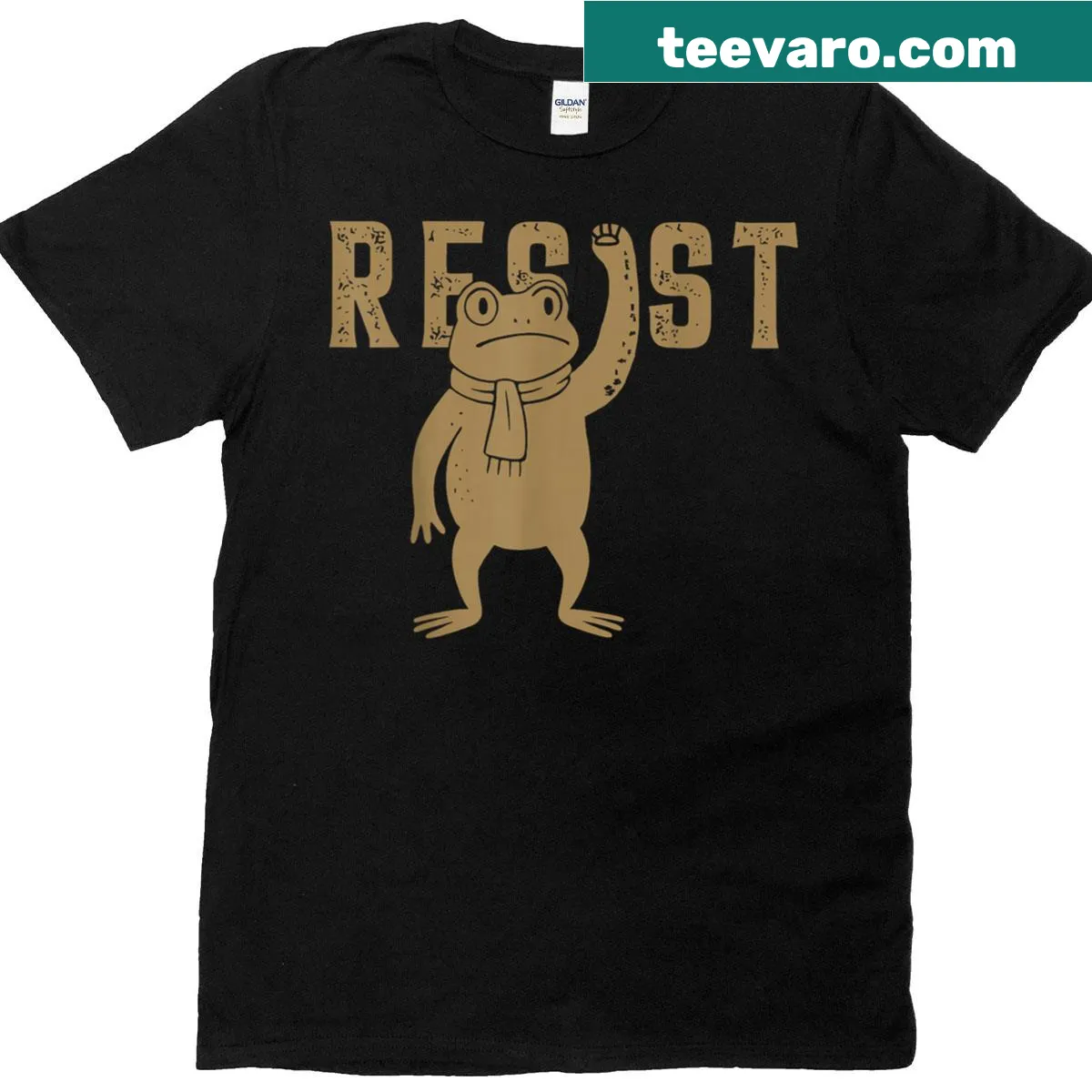 Resist Frog T-shirt featuring playful protest-themed illustration — on a men's t-shirt