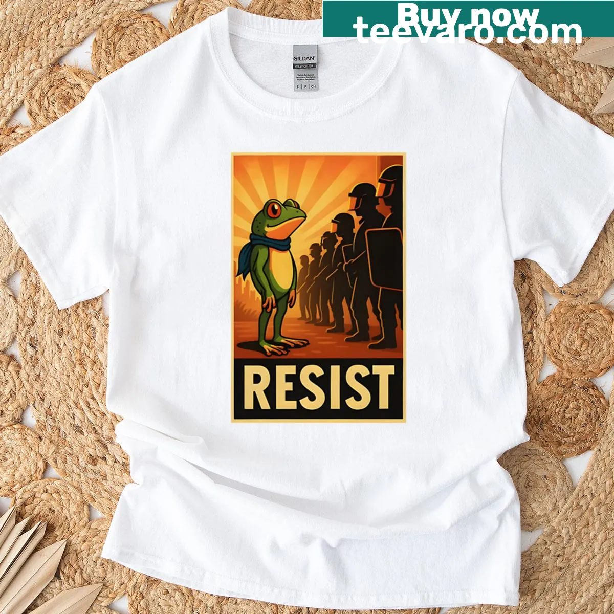 Playful frog graphic with the word 'Resist' on a vintage t-shirt — on a men's t-shirt