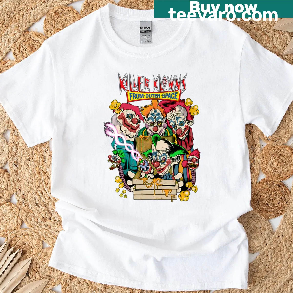 Cartoon-style t-shirt featuring retro Killer Klowns design — on a men's t-shirt