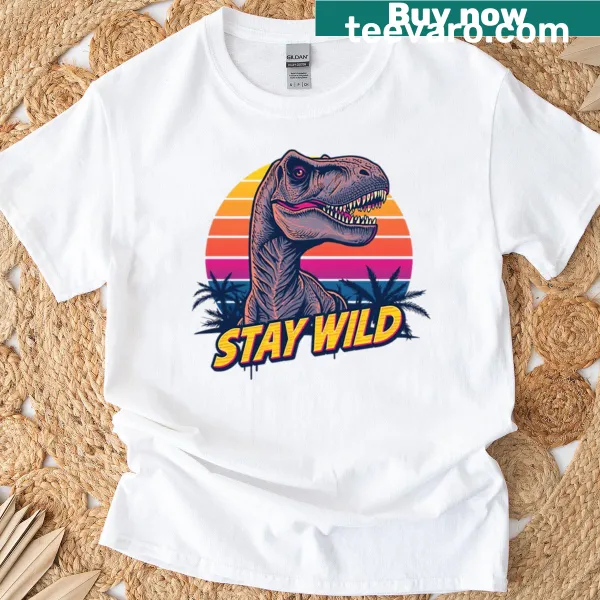 Retro dinosaur graphic t-shirt with 80s neon illustration