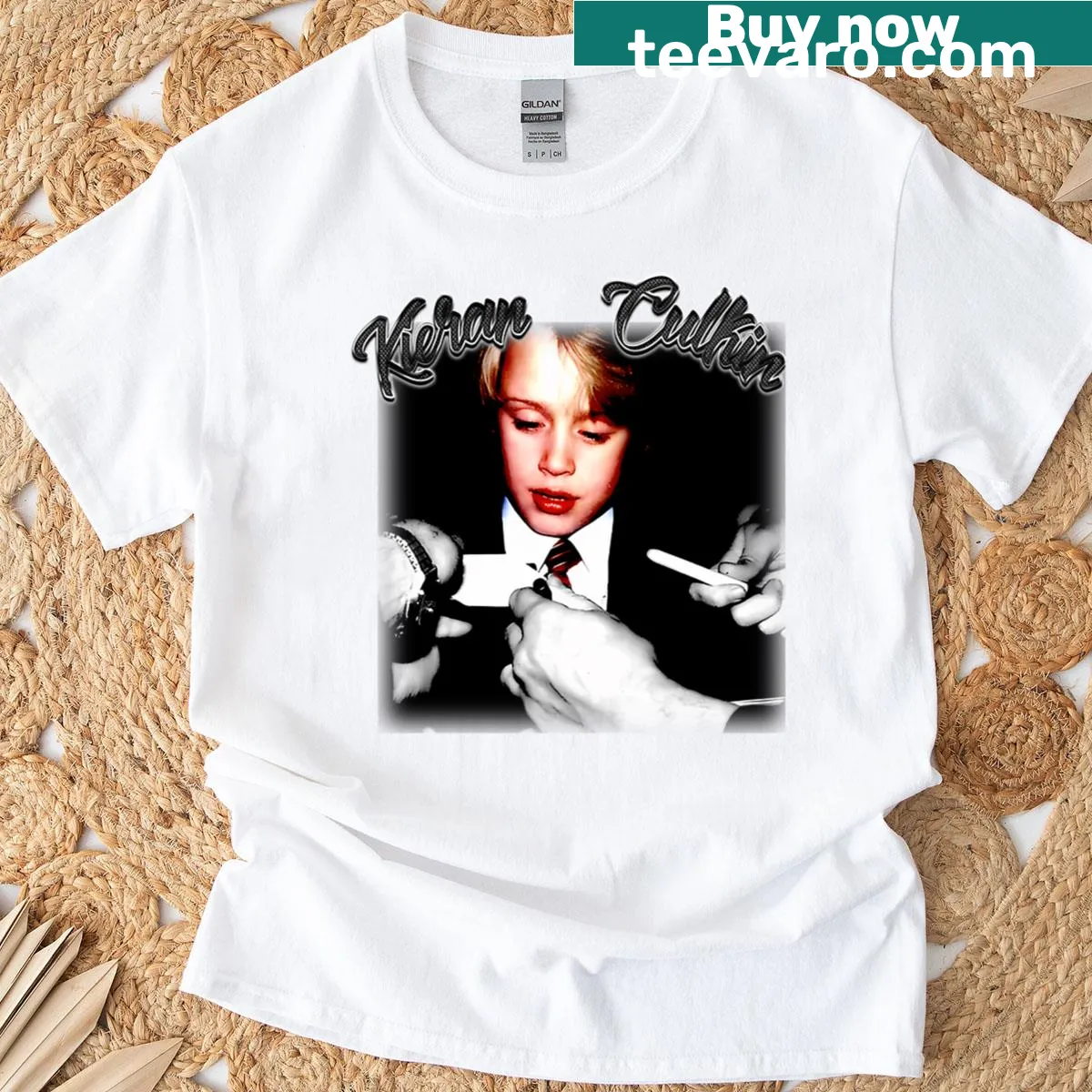 Retro-style t-shirt featuring Kieran Culkin tribute graphic — on a men's t-shirt