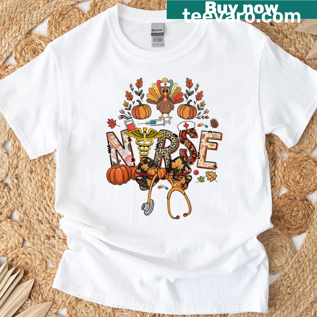 Funny autumn-themed T-shirt featuring a pumpkin nurse — on a men's t-shirt