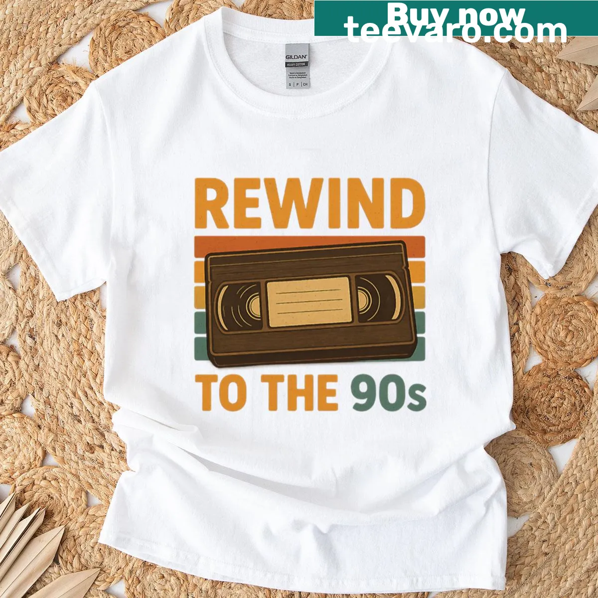 Retro VHS graphic t-shirt evoking 90s nostalgia — on a men's t-shirt