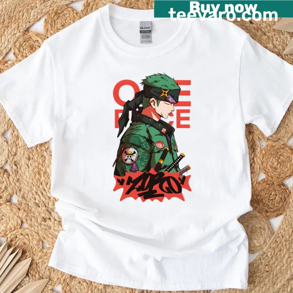 Roronoa Zoro graphic T-shirt featuring the iconic swordsman from anime