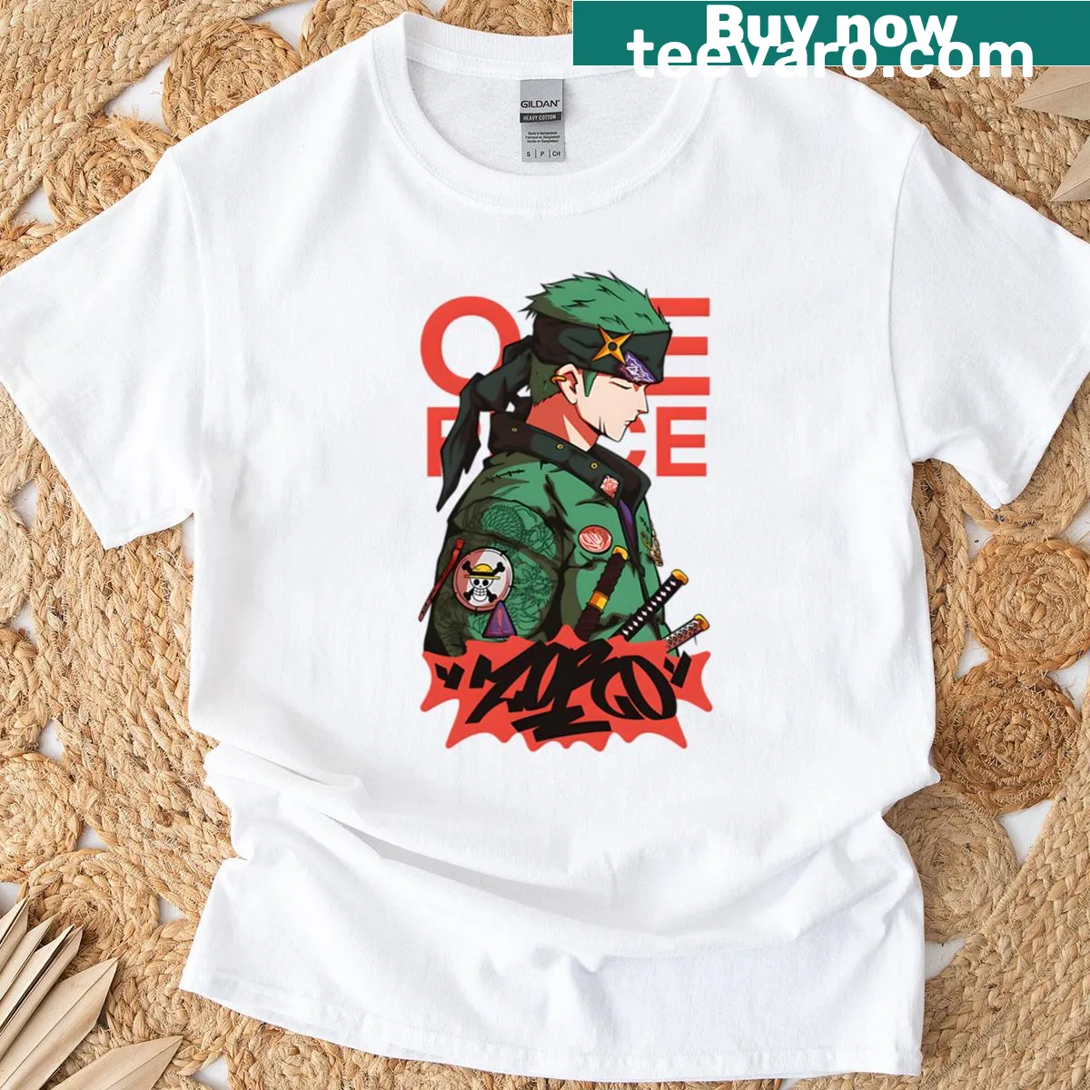 Roronoa Zoro graphic T-shirt featuring the iconic swordsman from anime — on a men's t-shirt