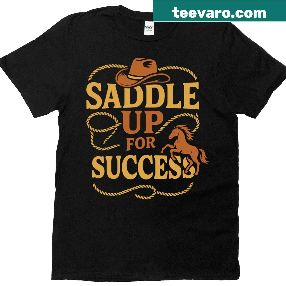 Humorous cowboy-themed T-shirt with success saying — on a men's t-shirt