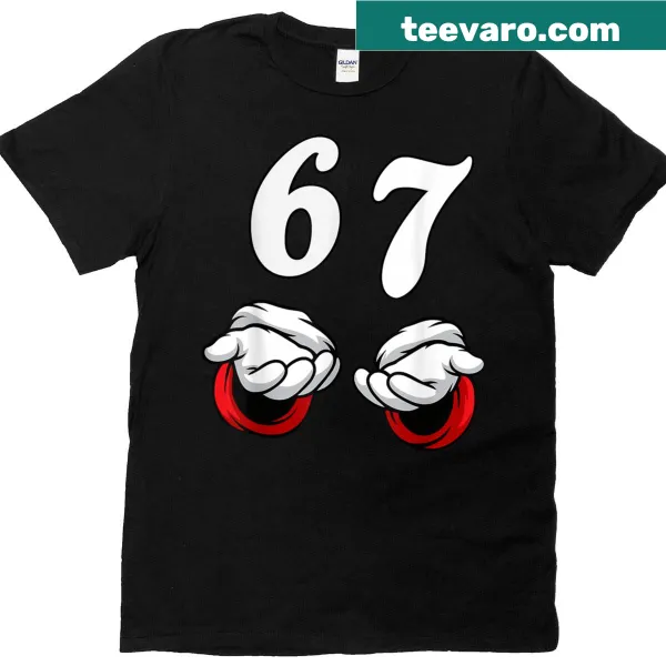 Fun Christmas t-shirt with meme slang 'Santa Says 6 7'.
