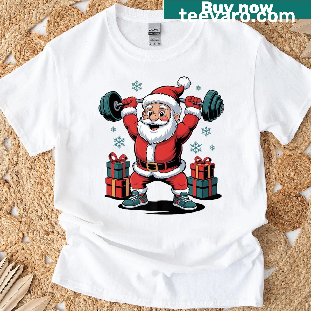 Vintage Santa lifting weights graphic on a Christmas t-shirt — on a men's t-shirt
