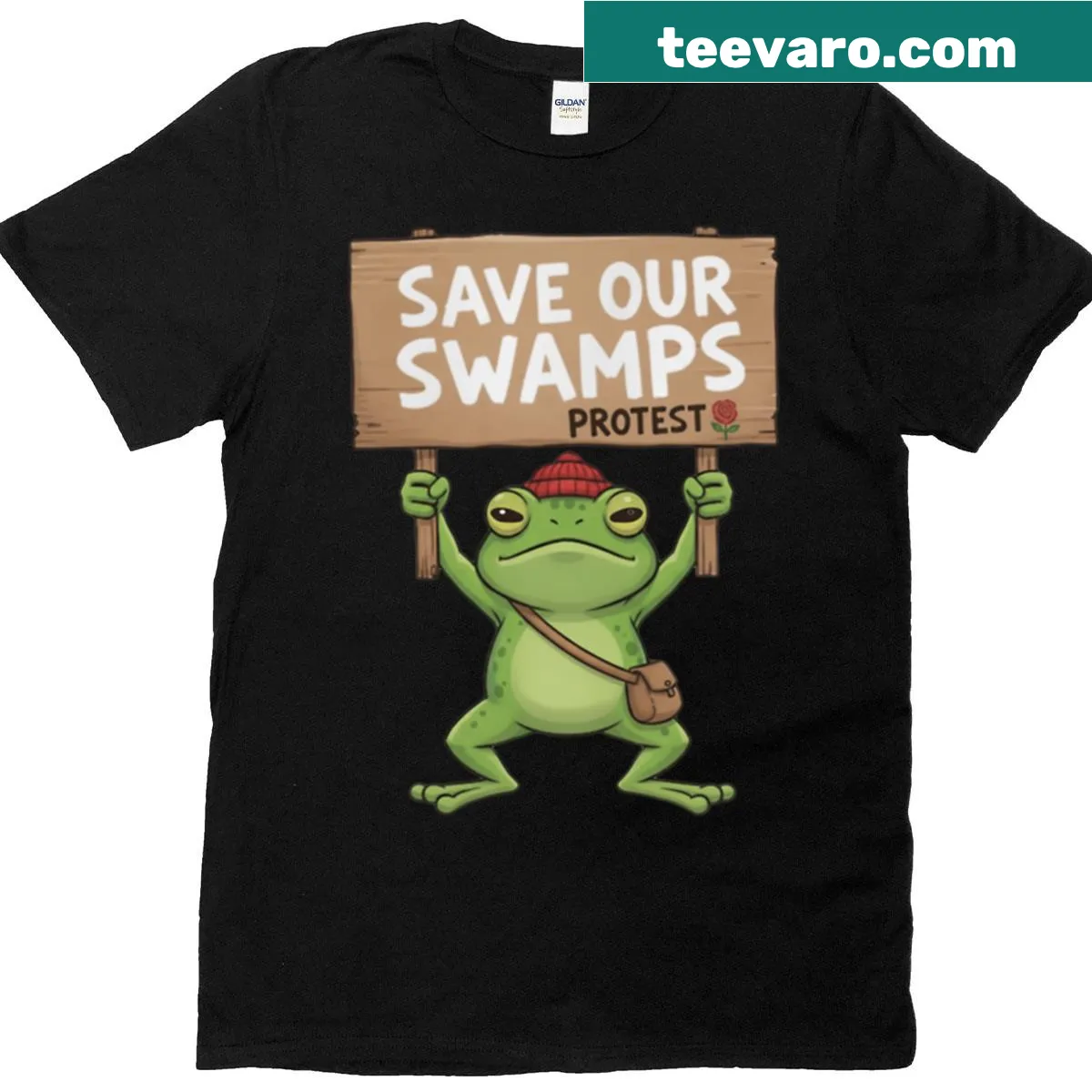 Funny eco-activism frog graphic T-shirt promoting swamp conservation — on a men's t-shirt