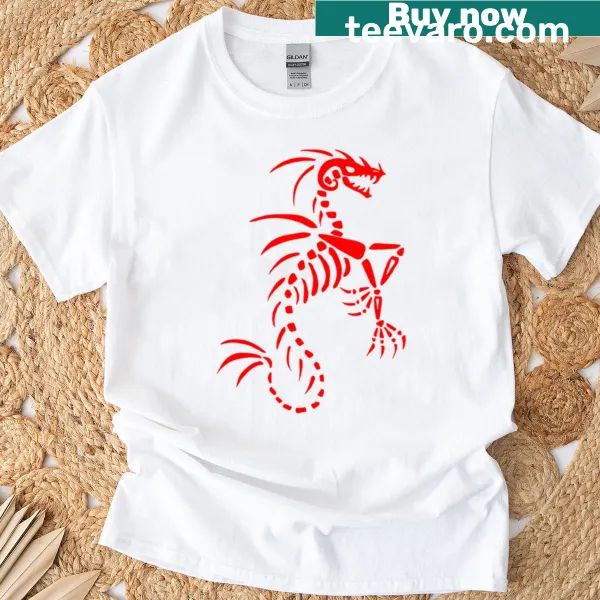 Illustration of a Sea Dragon Skeleton on a blood red T-shirt