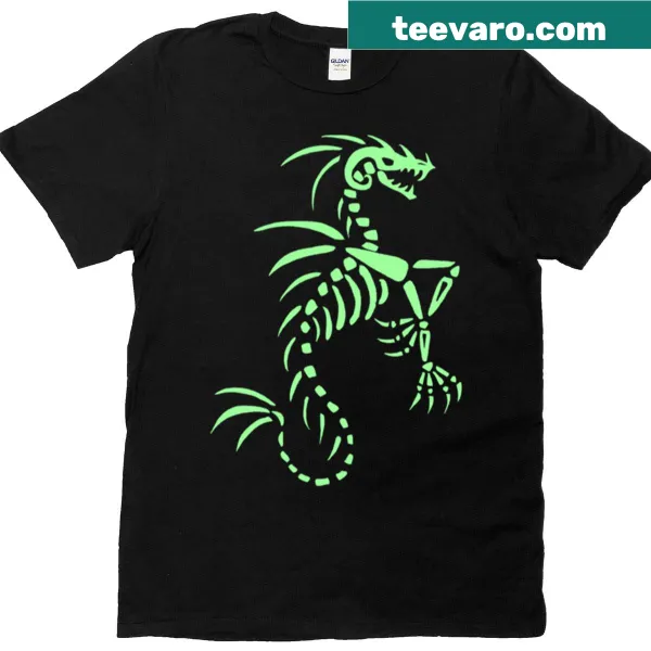 T-shirt featuring a sea dragon skeleton illustration.