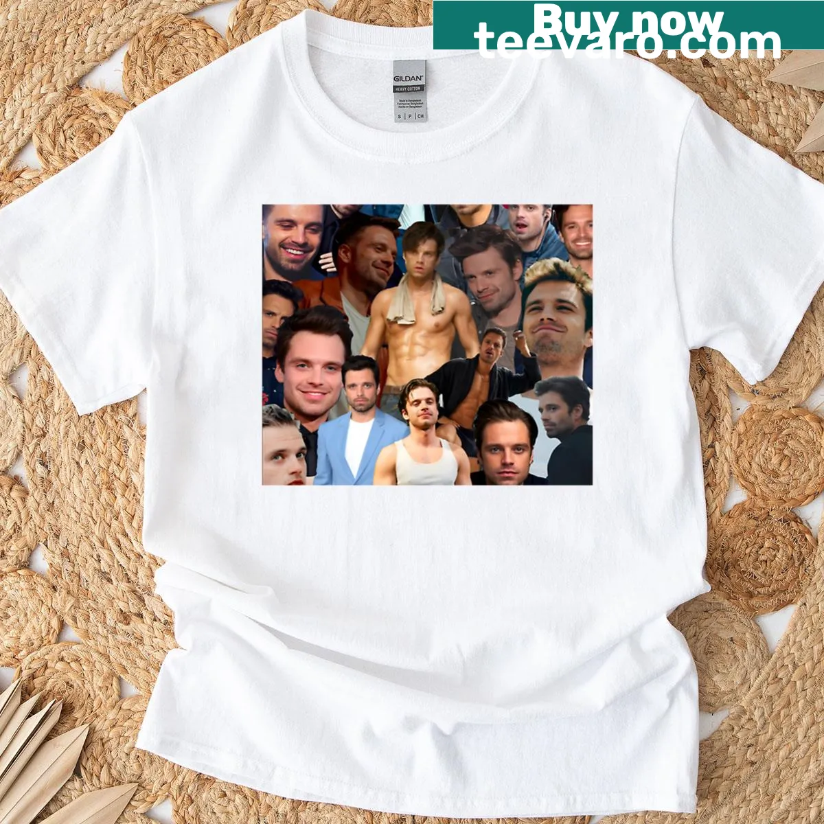 Minimalist T-shirt featuring a collage of Sebastian Stan images — on a men's t-shirt