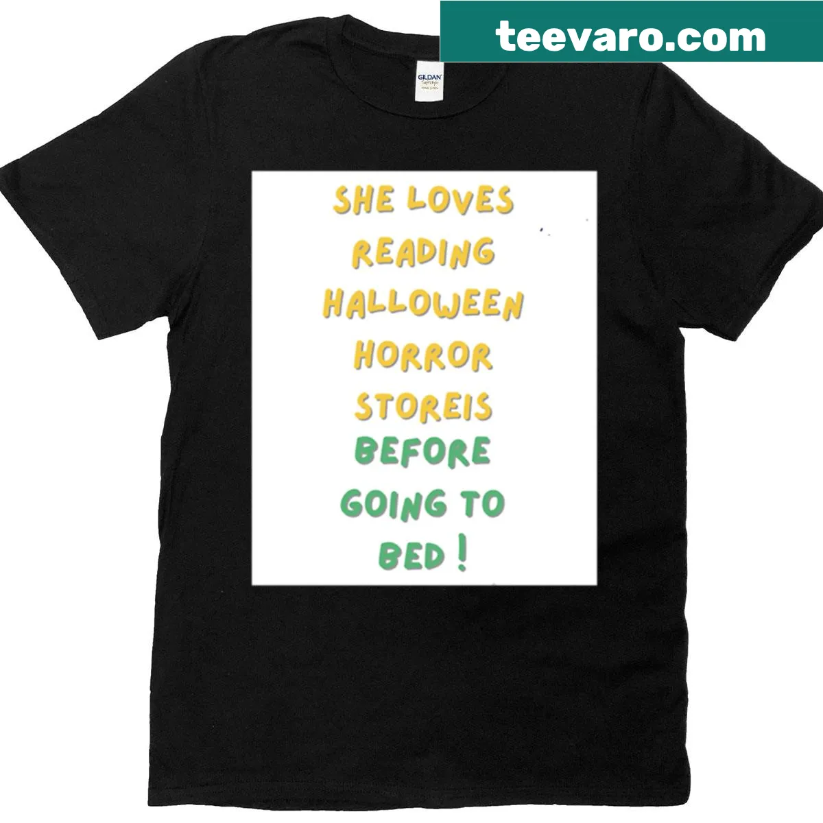 Oversized T-shirt featuring text about reading horror stories before bed — on a men's t-shirt