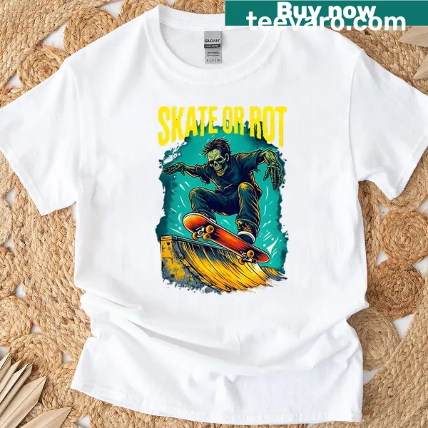 Bold typography of 'Skate Or Rot' on a zombie-themed skater t-shirt
