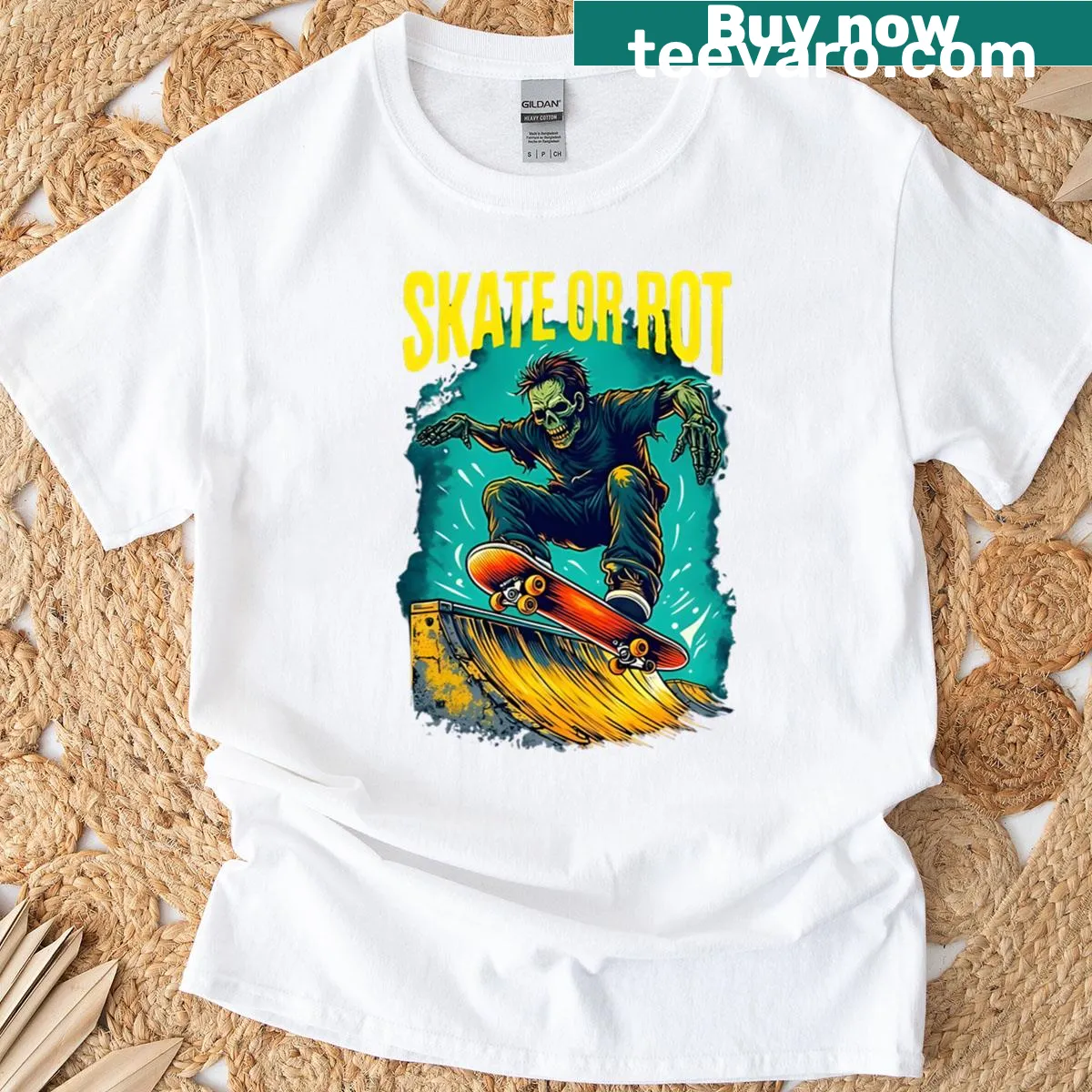 Bold typography of 'Skate Or Rot' on a zombie-themed skater t-shirt — on a men's t-shirt