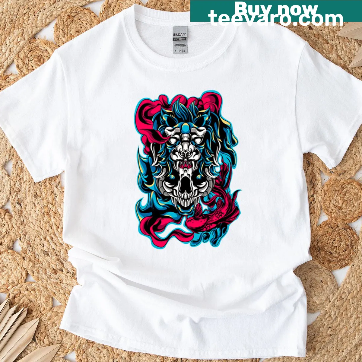 Illustrative T-shirt featuring a skeleton with a fish and lion — on a men's t-shirt
