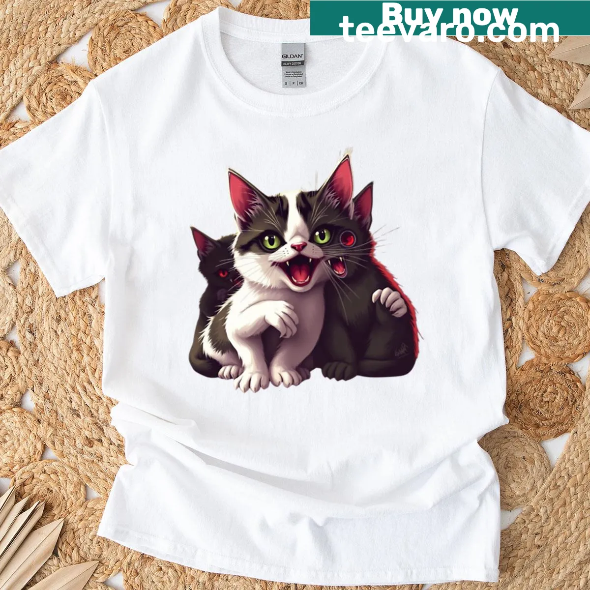 Cartoon-style horror cats with attitude on a T-shirt — on a men's t-shirt