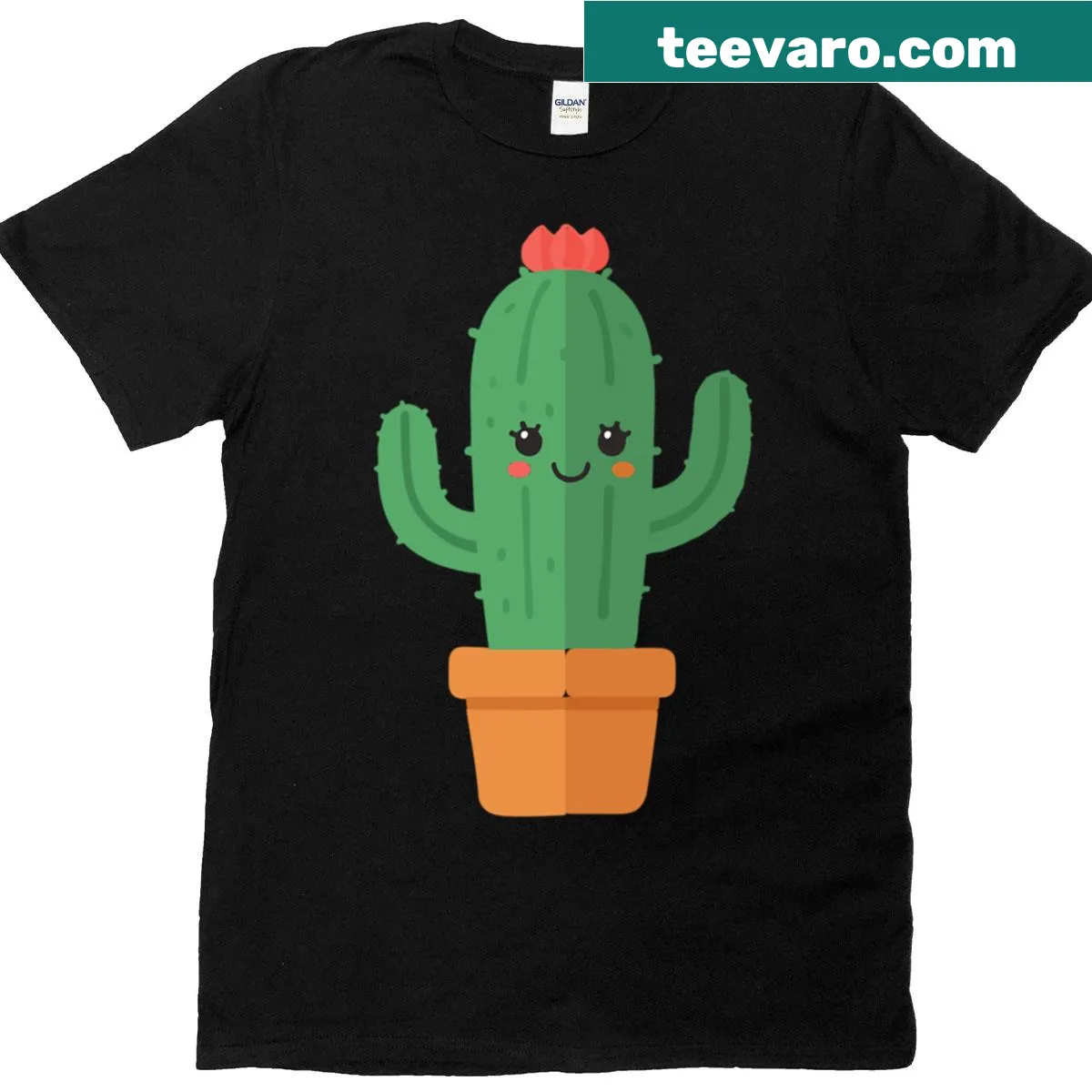 Kawaii cactus T-shirt featuring a smiling cactus with flowers — on a men's t-shirt