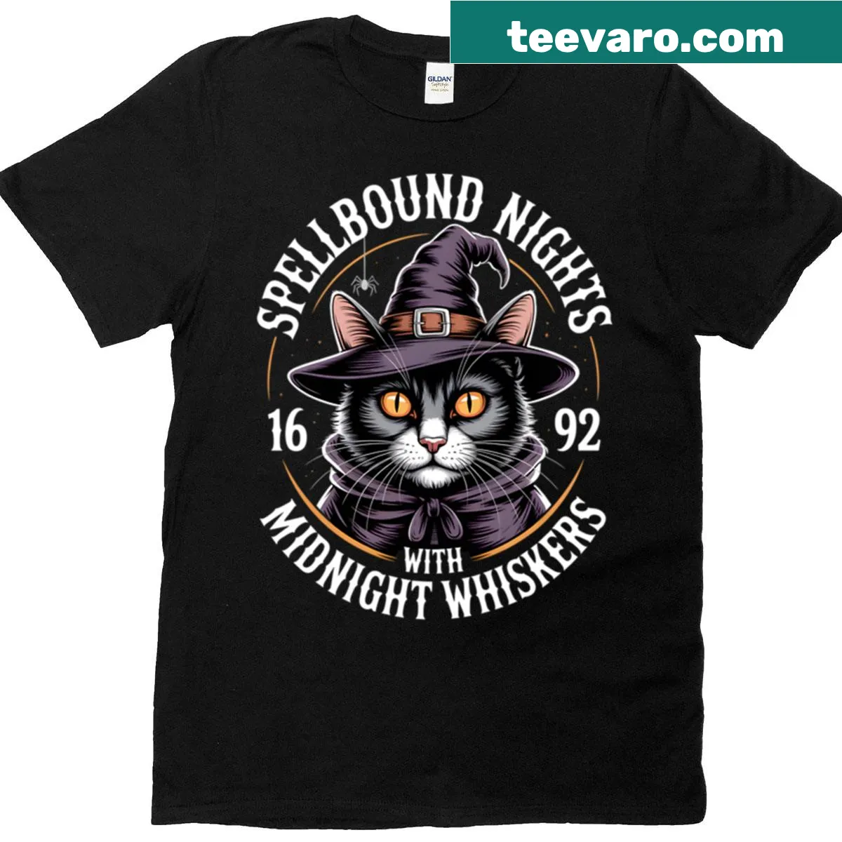 Illustrated witch cat T-shirt for Halloween with stars and moon — on a men's t-shirt