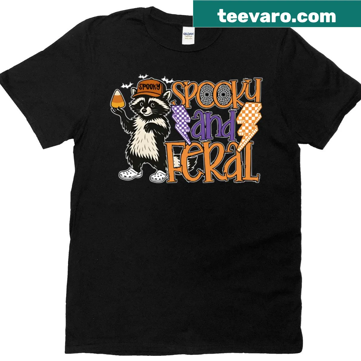 T-shirt featuring a spooky feral raccoon illustration — on a men's t-shirt