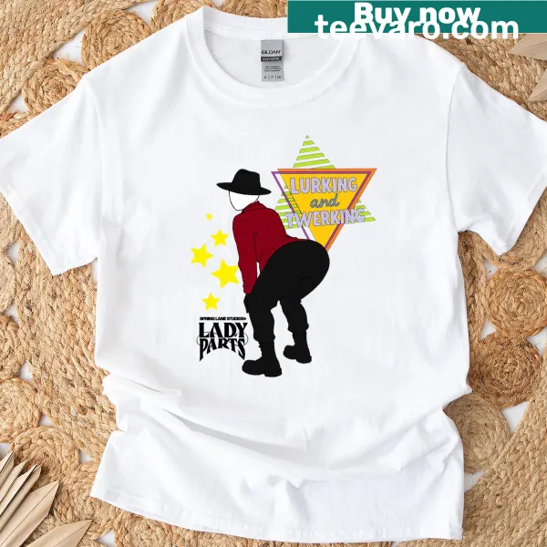Text graphic saying 'Lady Parts' on a casual t-shirt.