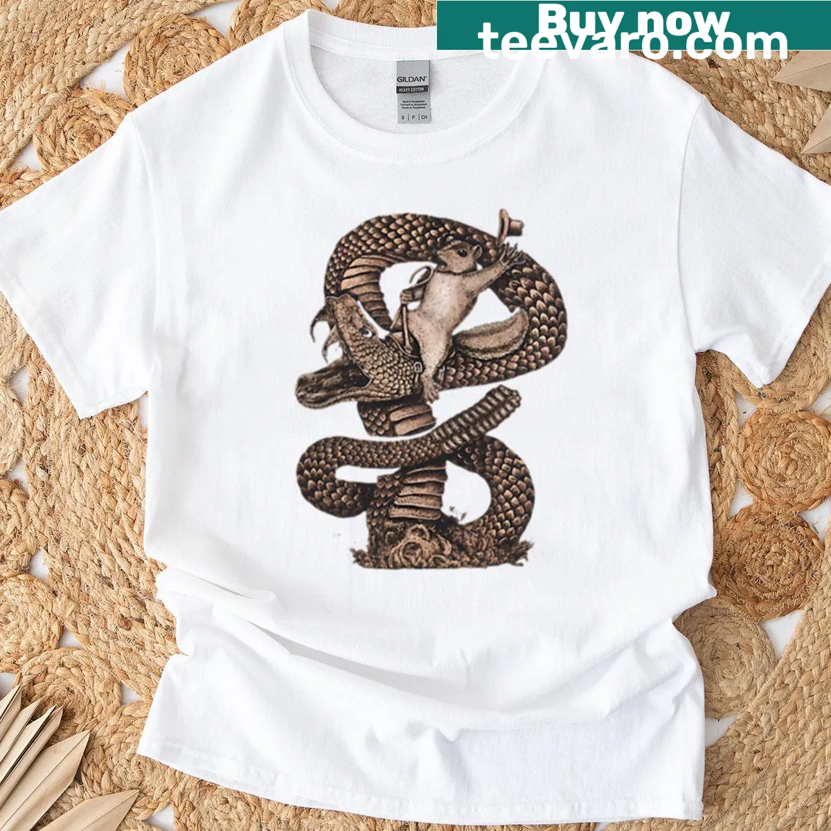 Cartoon graphic of a squirrel slayer tipping his hat, humorous design — on a men's t-shirt