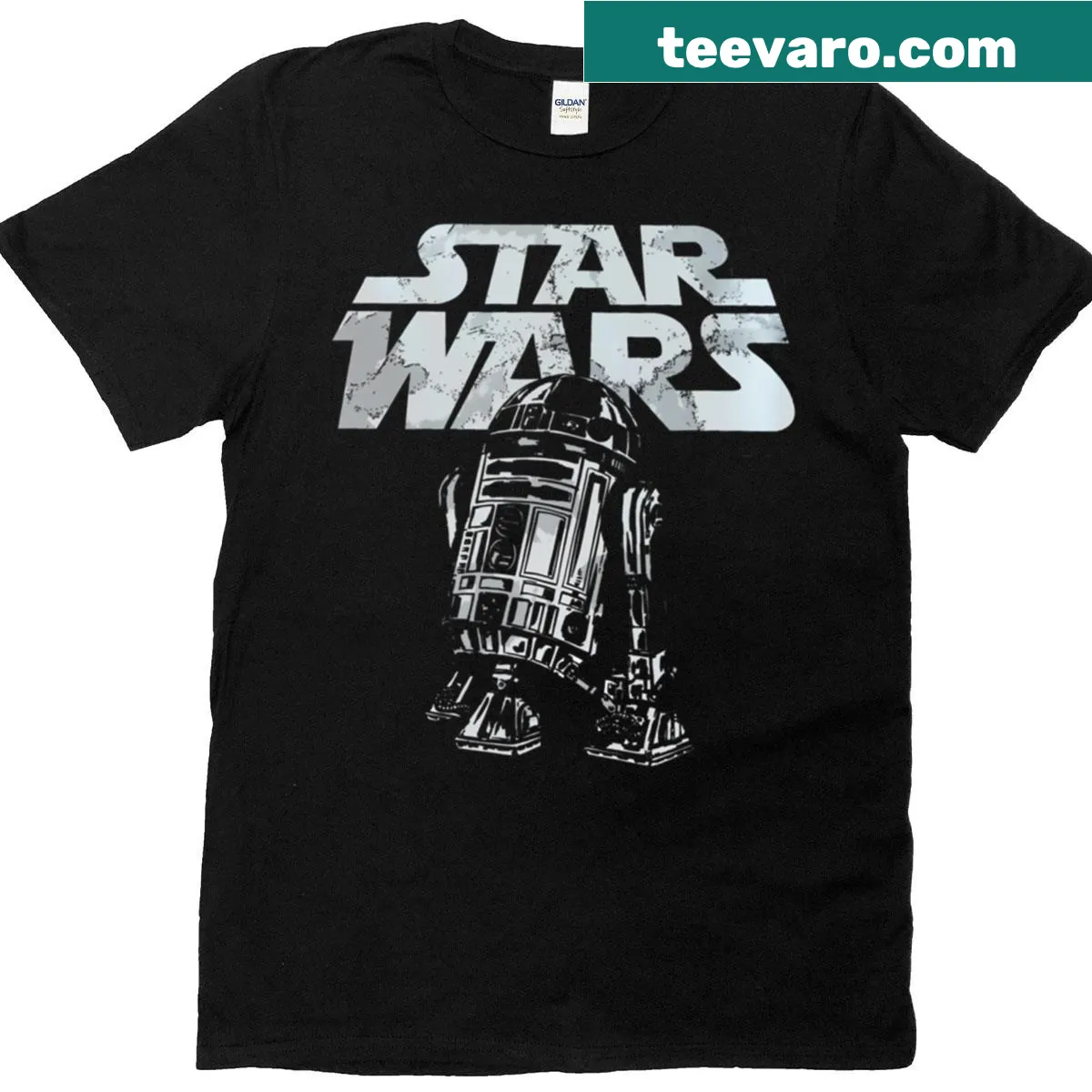 Playful graphic t-shirt featuring R2-D2 from Star Wars — on a men's t-shirt