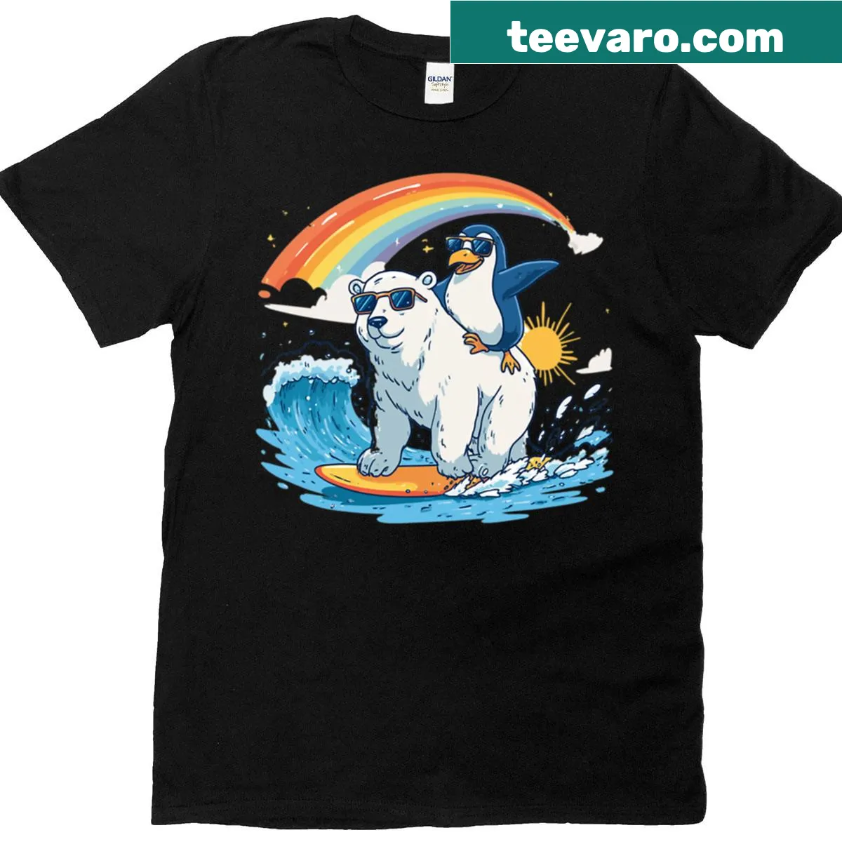 Playful t-shirt with polar animals surfing design — on a men's t-shirt