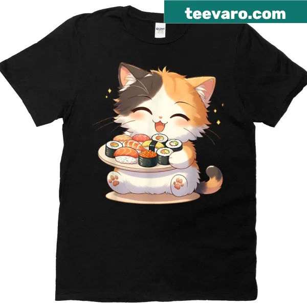 Kawaii sushi cat graphic T-shirt designed for anime lovers