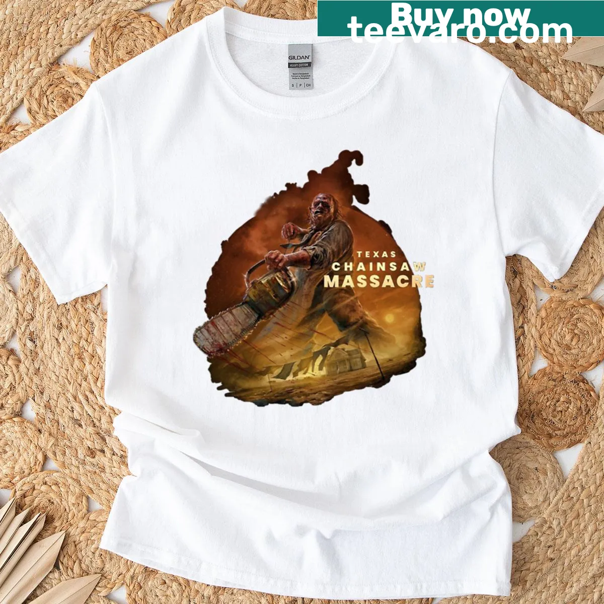 Horror t-shirt featuring Texas Chainsaw Massacre graphics — on a men's t-shirt