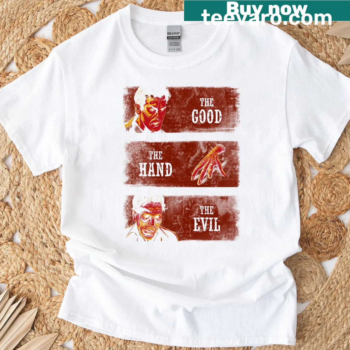 Humorous T-shirt with clever text about good and evil — on a men's t-shirt