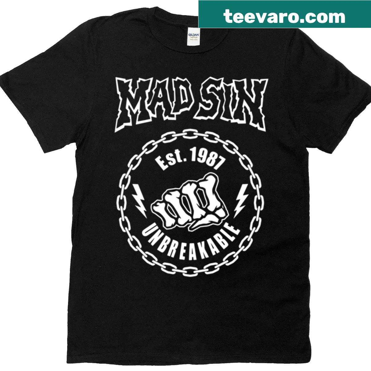 Vintage distressed t-shirt with The Mad Sin Band logo — on a men's t-shirt