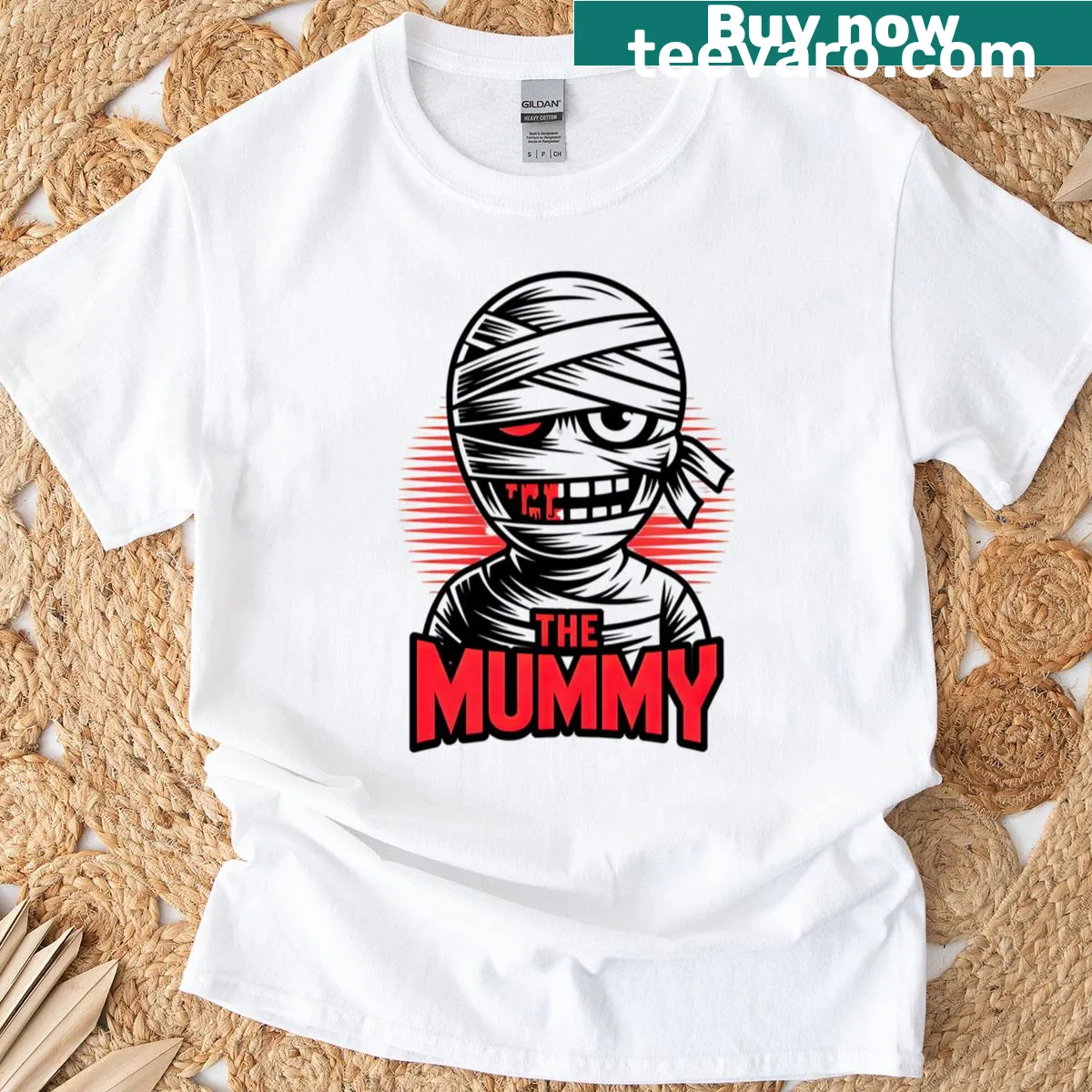 Cartoon mummy graphic T-shirt for Halloween — on a men's t-shirt