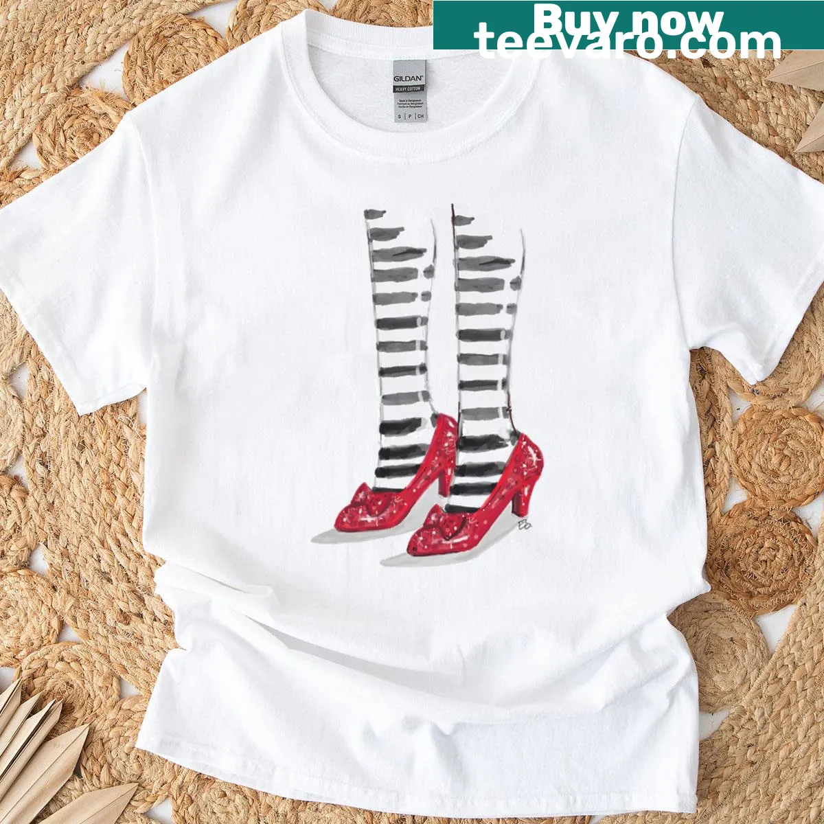 Illustrated T-shirt featuring the ruby slippers from The Wizard of Oz — on a men's t-shirt