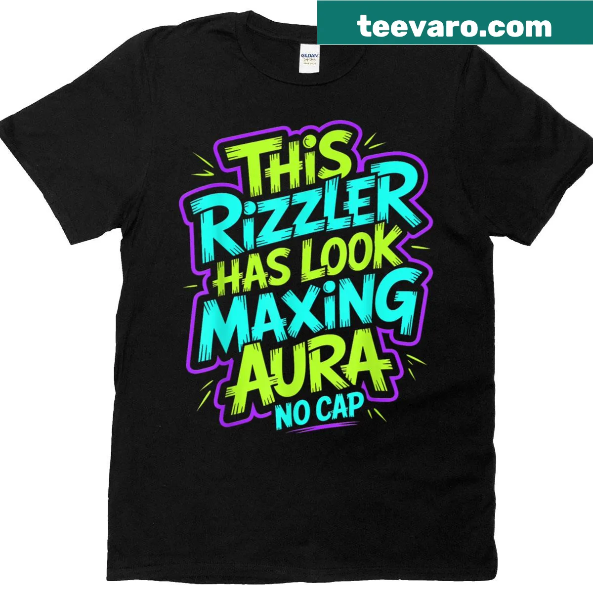 Trendy tee with 'This Rizzler Has Look Maxing Aura No Cap' text — on a men's t-shirt