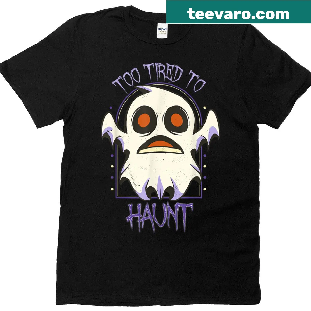 Funny ghost Halloween t-shirt with 'Too Tired To Haunt' text — on a men's t-shirt