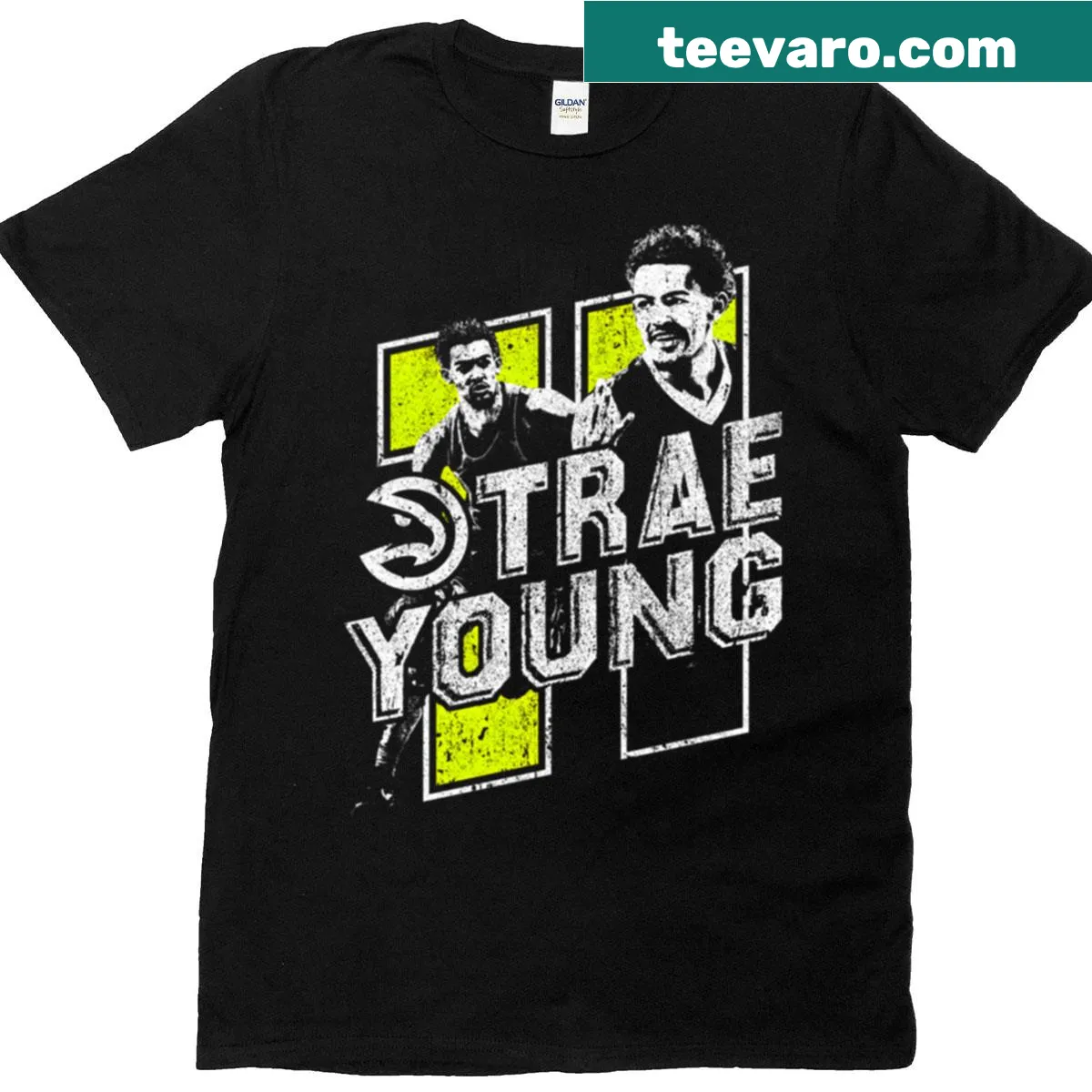 Bold Trae Young name graphic on T-shirt — on a men's t-shirt