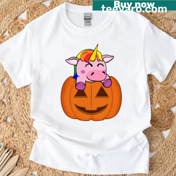 Unicorn design inside a pumpkin on a t-shirt